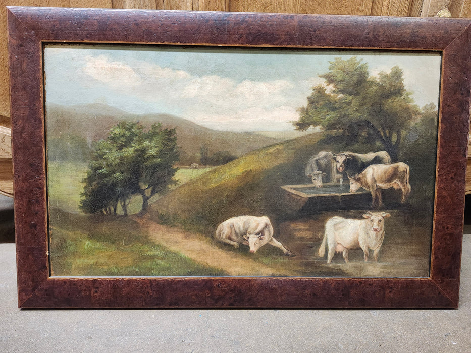 FRAMED PRIMITIVE OIL PAINTING OF COWS