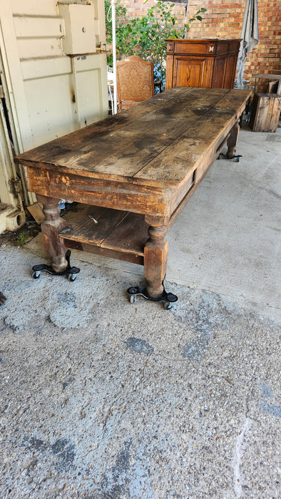 LONG LOW WORK TABLE WITH DRAWERS AND STRETCHER SHELF
