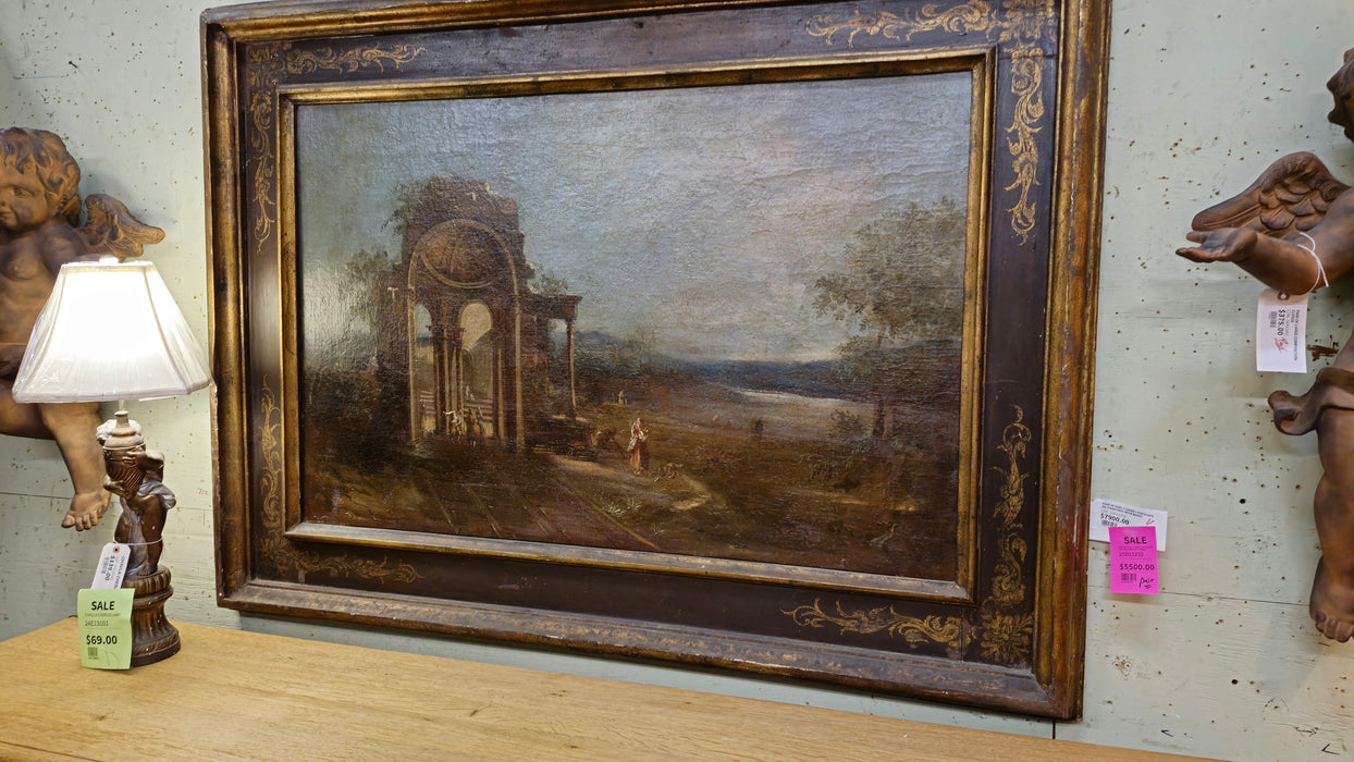 WO#625926 EARLY LARGE LANDSCAPE OIL PAINTING WITH RUINS