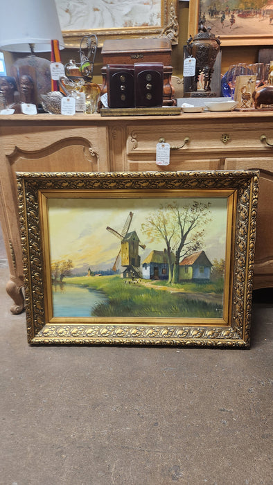 ILARGE GILT FRAMED MPRESSIONIST  WINDMILL OIL PAINTING