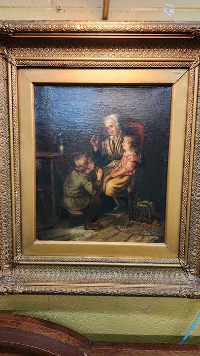 19TH CENTURY OIL PAINTING "GRANDMOTHERS VISIT" CIRCA 1845
