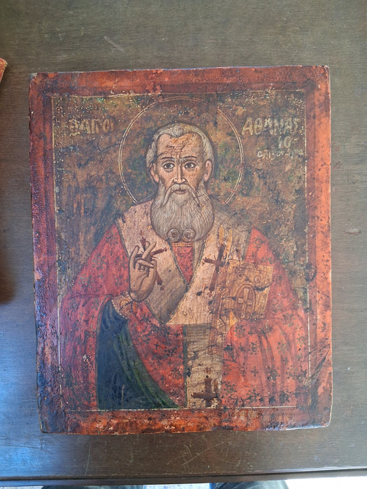 18TH CENTURY GREEK ICON PAINTING OF SAINT ATHENATIUS ON WOOD