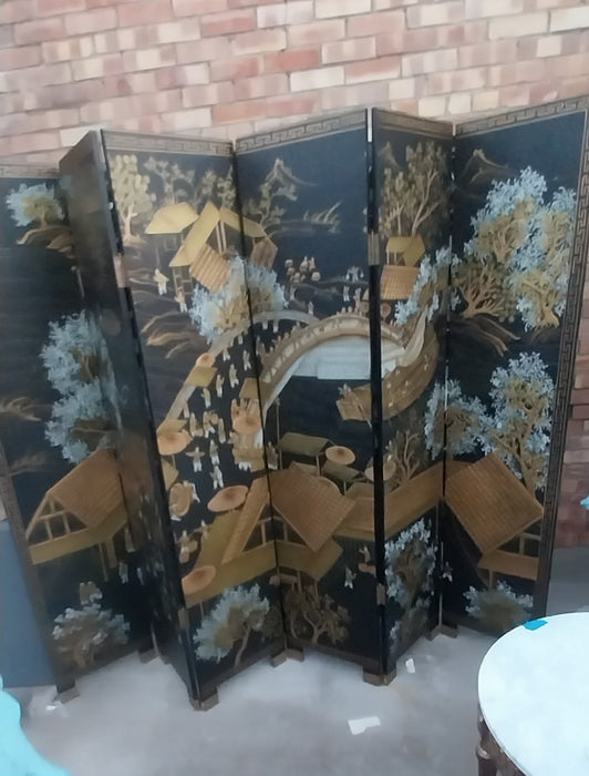 6 PANEL ASIAN SCREEN WITH BOATS AND TREES