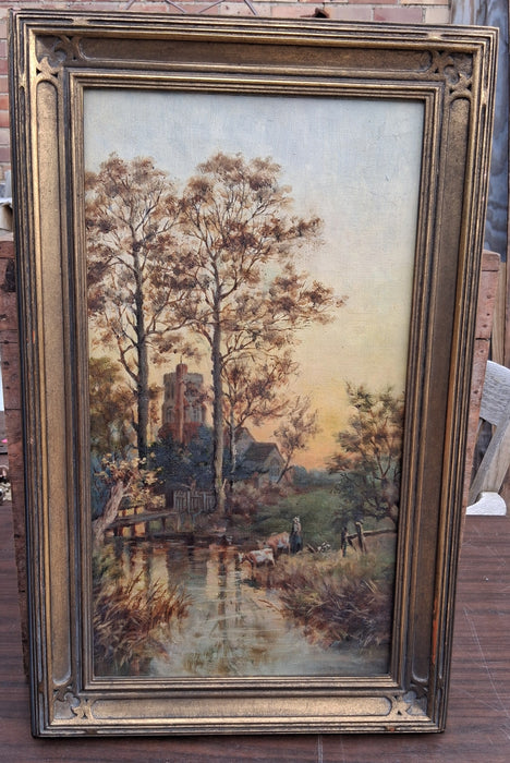 NICELY FRAMED VERTICAL OIL PAINTING OF A CHURCH YARD AT SUNSET AS FOUND