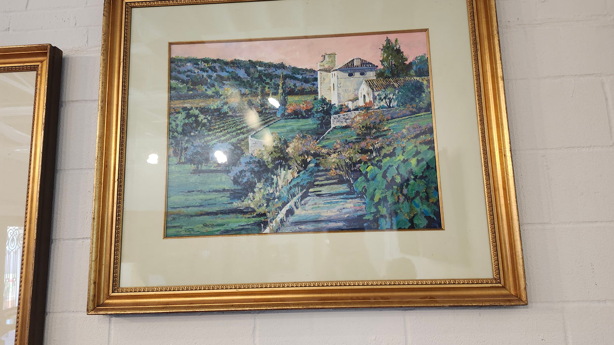 LARGE GOLD FRAMED VINYARD WITH HOUSE PAINTING