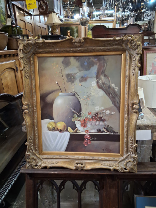 FRAME STILL LIFE WITH FRUIT AND CROCK OIL PAINTING