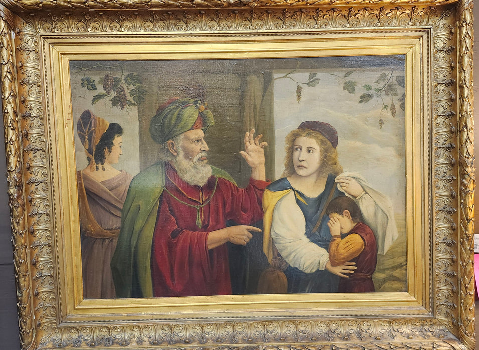 ORNATE GILT FRAMED OIL PAINITNG WITH BEARDED SAGE ADMONISHING MOTHER AND CHILD