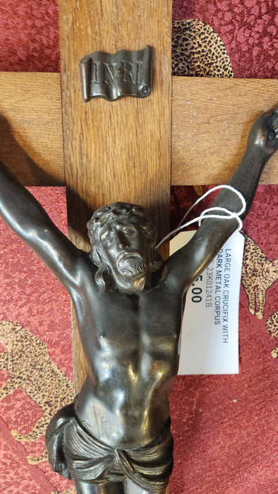 LARGE OAK CRUCIFIX WITH DARK METAL CORPUS