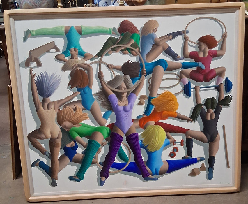 LARGE FRAMED COLORFUL GIRL AEROBICS PAINTING BY PAOLO SALVADOR-ITALIAN