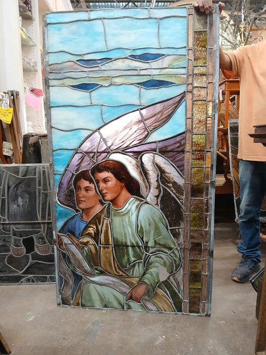 LARGE PAINTED AND STAINED GLASS WINDOW WITH PAIR OF  ANGELS AS FOUND