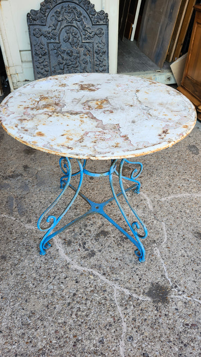 BLUE AND WHITE METAL PATIO TABLE