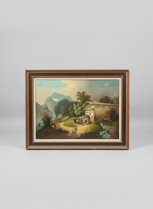 FRAMED GERMAN ALPINE LANDSCAPE OIL PAINTING AS FOUND