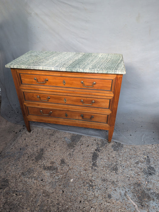LOUIS XVI CHERRY GREEN MARBLE TOP 3 DRAWER CHEST WITH BAR PULLS AND DOVETAIL