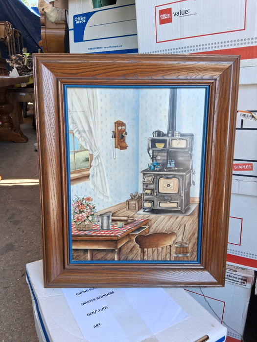 FRAMED OIL PAINTING OF AN DOLD TIME COUNTY KITCHEN BY KAY LAMB SHANNON