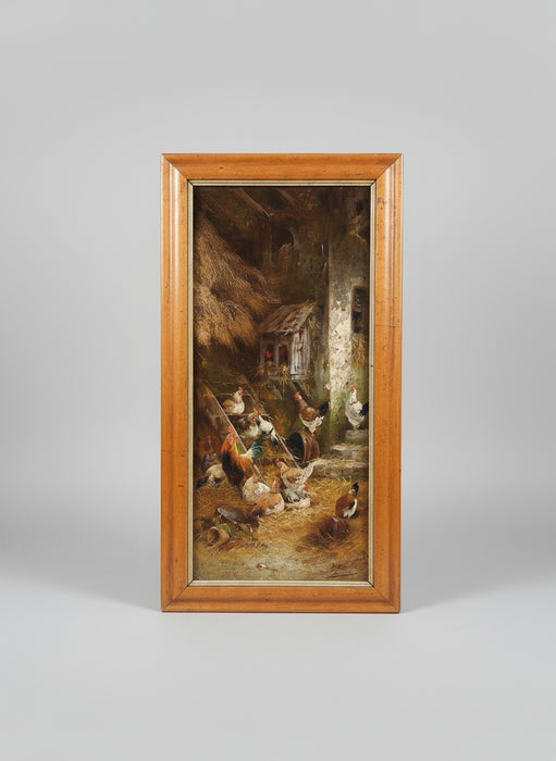 19TH CENTURY SMALL OIL PAINTING OF CHICKENS- SIGNED PAUL DE VILLERS