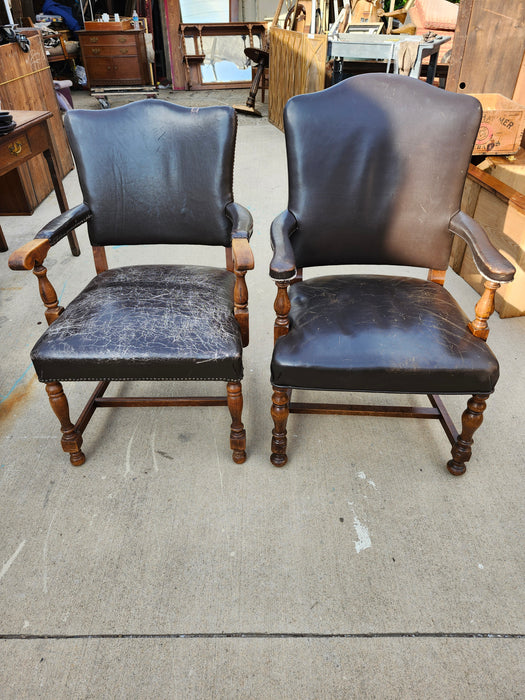 PAIR OF VINTAGE LEATHER ARM CHAIRS AS FOUND