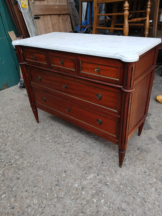 LOUIS XVI WHITE MARBLE TOP 3 DRAWER MAHOGANY CHEST WITH FLUTED COLUMNS