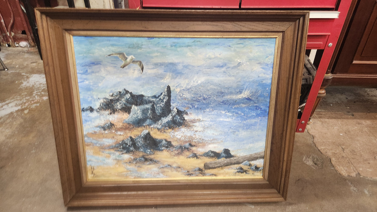 "THE GULL" MEDIUM OAK FRAMED IMPASTO SEASCAPE OIL PAINTING WITH SEAGULL - SIGNED LILI GORDON