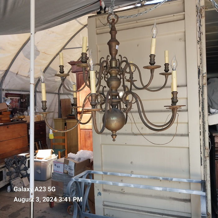 LARGE 12 ARM BRASS CHANDELIER WITH SPHERE