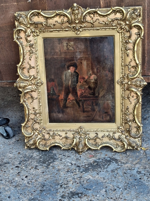 ORNATELY FRAMED OIL PAINTING OF MEN IN A TAVERN