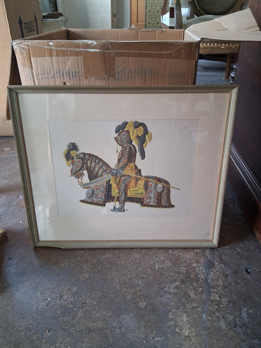 AS FOUND HAND COLORED ENGRAVING OF KNIGHT ON HORSE