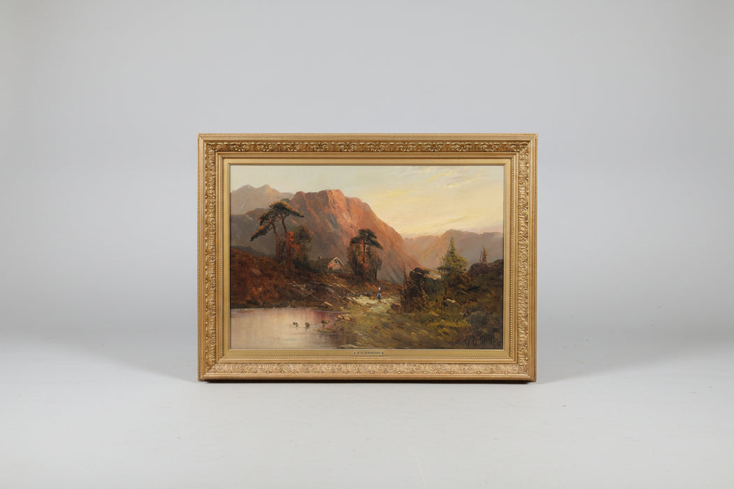 GILT  FRAMED ENGLISH MOUNTAIN LANSCAPE OIL PAINTING CIRCA 1900 -SIGNED ALFRED FONTVILLE DE BREANSKI