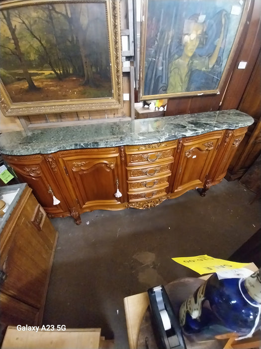 LARGE LOUIS XV CHERRY SIDEBOARD WITH GREEN MARBLE TOP