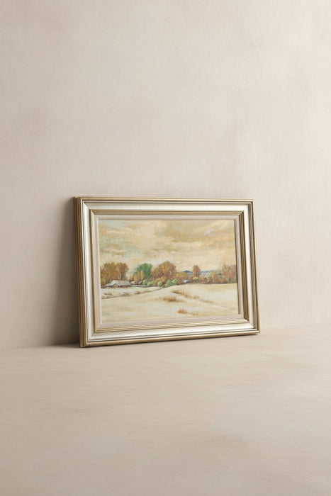 LARGE FRAMED YELLOW TONE LANDSCAPE OIL PAINTING WITH BARN SIGNED JACKSON HENSLEY