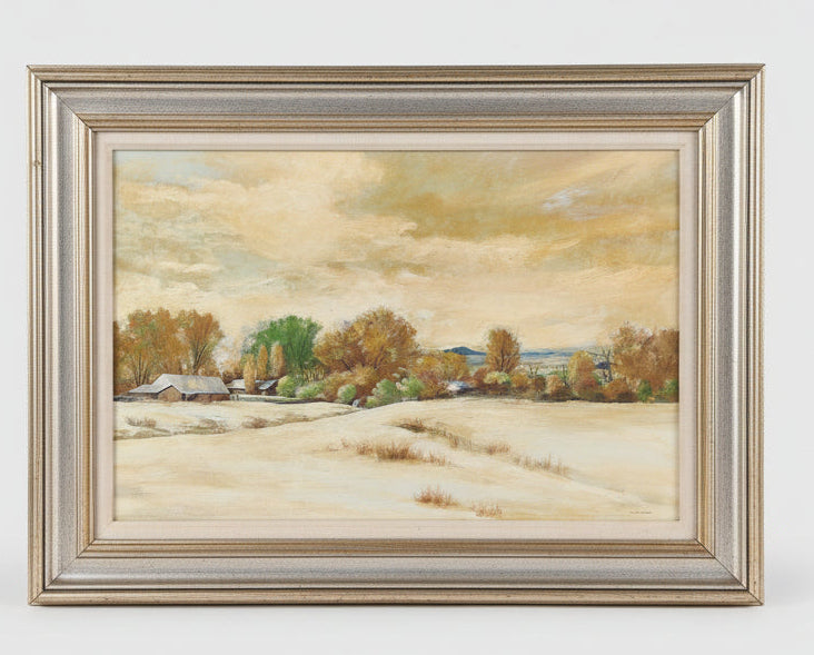 LARGE FRAMED YELLOW TONE LANDSCAPE OIL PAINTING WITH BARN SIGNED JACKSON HENSLEY