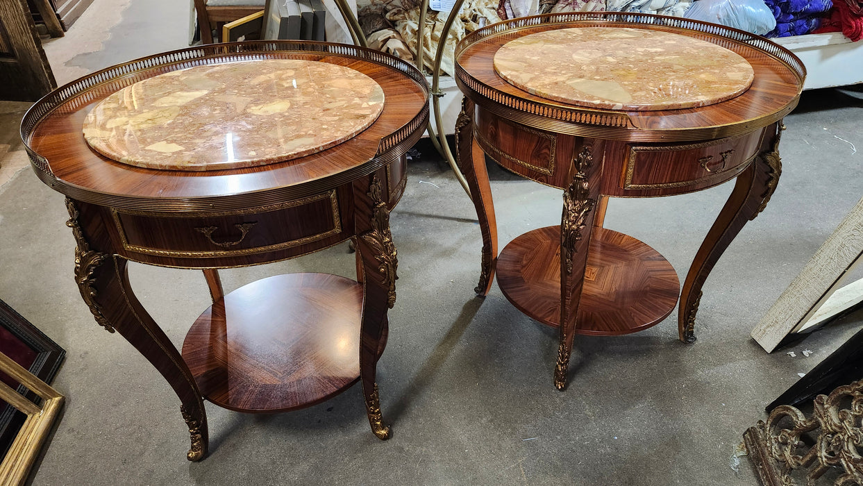 PAIR OF ROUND MARBLE TOP SIDE TABLES WITH DRAWER