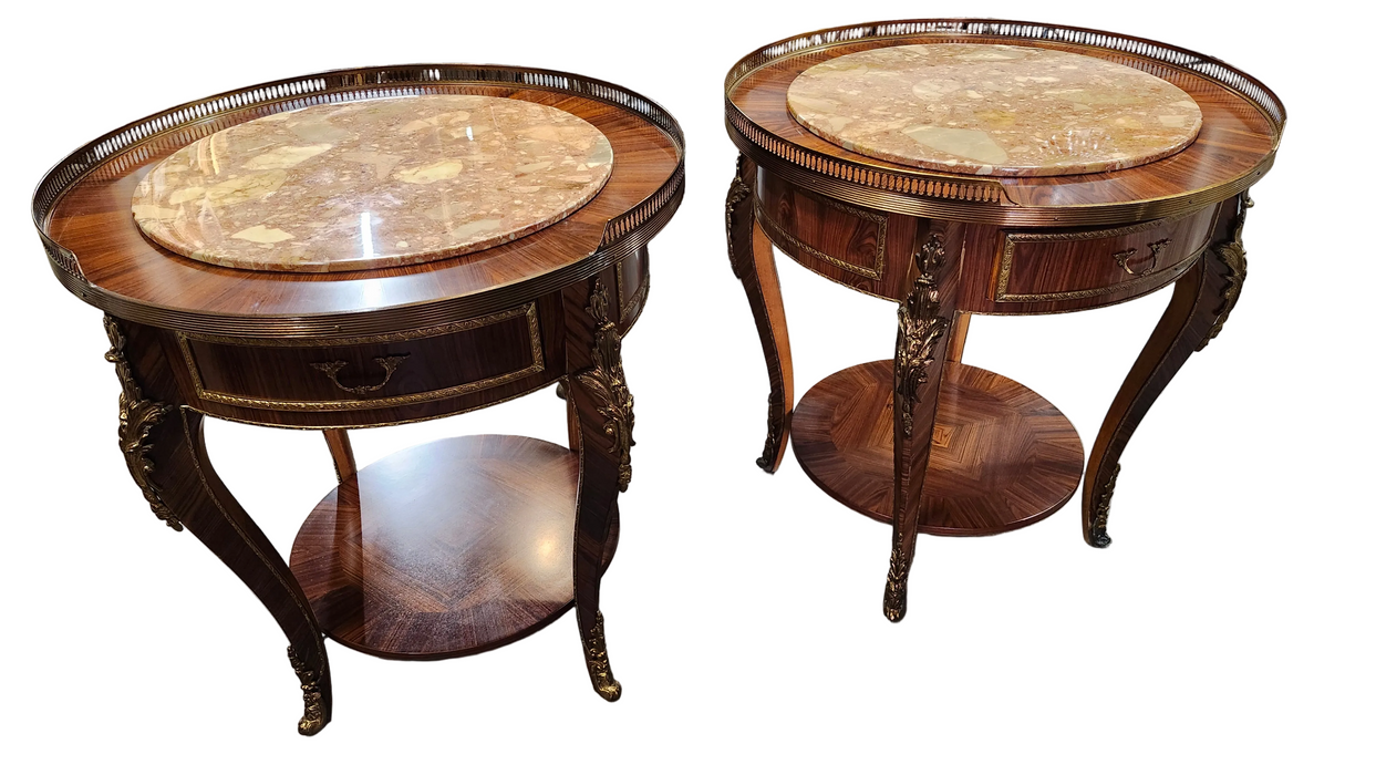 PAIR OF ROUND MARBLE TOP SIDE TABLES WITH DRAWER