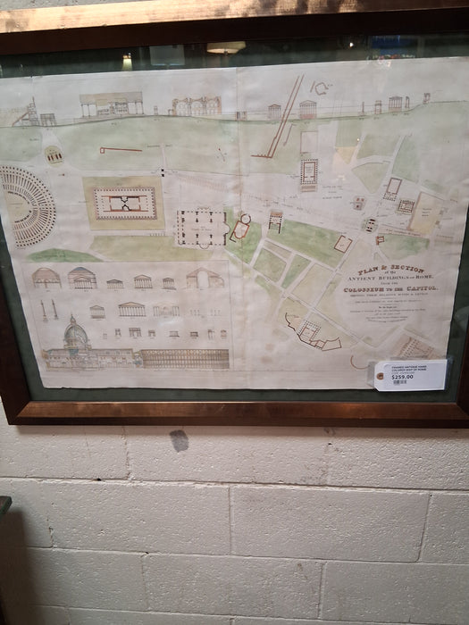 FRAMED ANTIQUE HAND COLORED MAP OF ROME