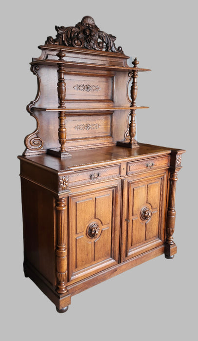 RESTORED EUROPEAN CARVED OAK SERVER WITH LION HEADS