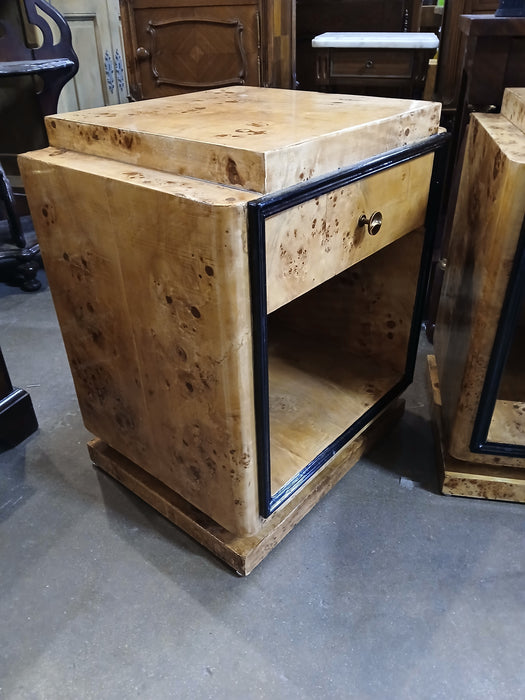 PAIR OF ART DECO BIRDSEYE MAPLE SIDE TABLES WITH DRAWERS AND BLACK TRIM