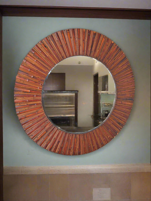 LARGE ROUND BEVELED MIRROR IN BAMBOO FRAME