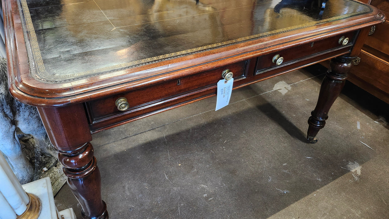 ENGLISH MAHOGANY WITH BLACK LEATHER TOP LIBRARY TABLE