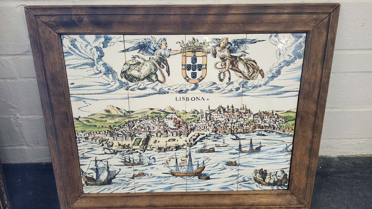 FRAMED TILES OF LISBON PORTUGAL BOATS IN HARBOR