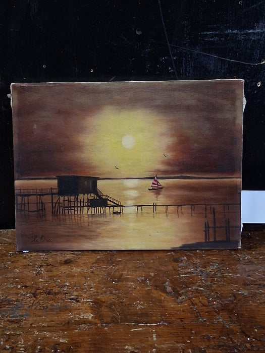 UNFRAMED SUNSET OIL PAINTING WITH BOAT SIGNED LE ORA