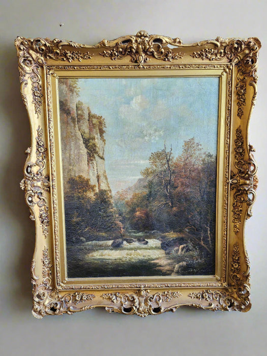 LARGE LATE 19TH CENTURY VERTICAL LANDSCAPE PAINTING OF CLIFFS