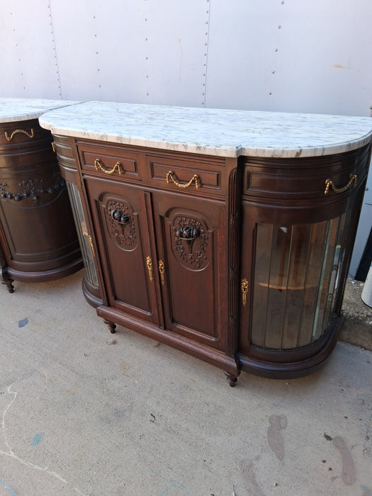 LOUIS XVI WHITE MARBLE TOP CURVED SERVER WITH GLASS DOORS