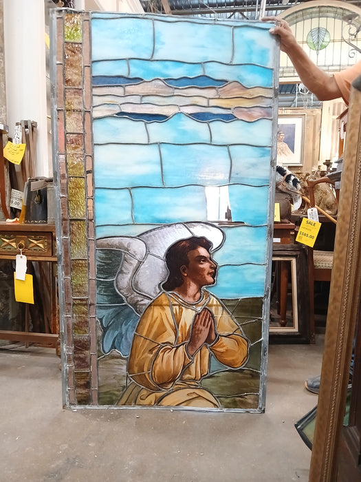 LARGE PAINTED AND STAINED GLASS WINDOW WITH ANGEL AS FOUND