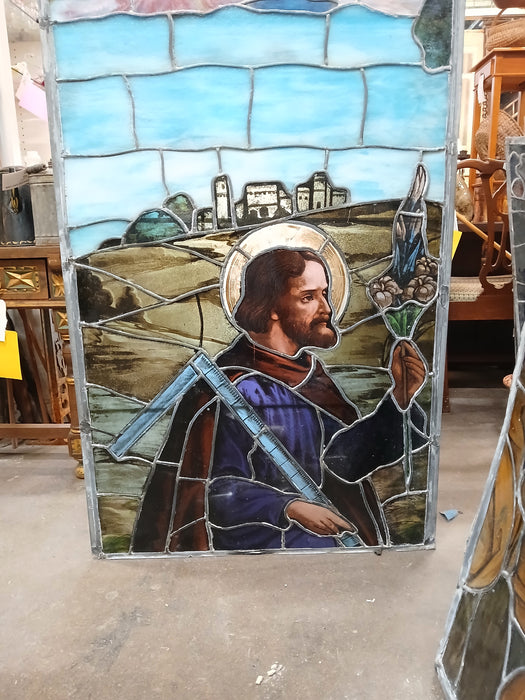 LARGE PAINTED AND STAINED GLASS WINDOW WITH WITH JOSEPH WITH LILY AD SQUARE  AS FOUND