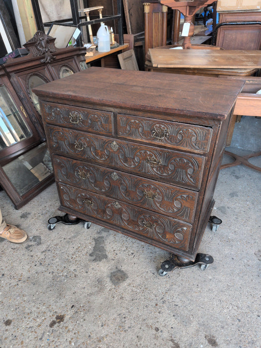 EARLY CARVED OAK 5 DRAWER CHEST
