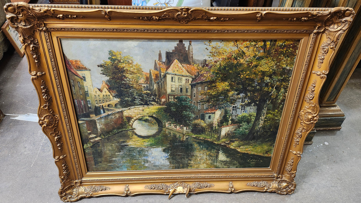 LARGE FRAMED OIL PAINTING OF A CANAL SCENE-AS FOUND
