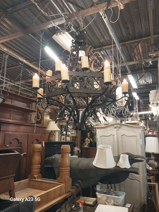 HUGE 2 TIER BLACK IRON CHANDELIER WITH WAX CANDLE COVERS