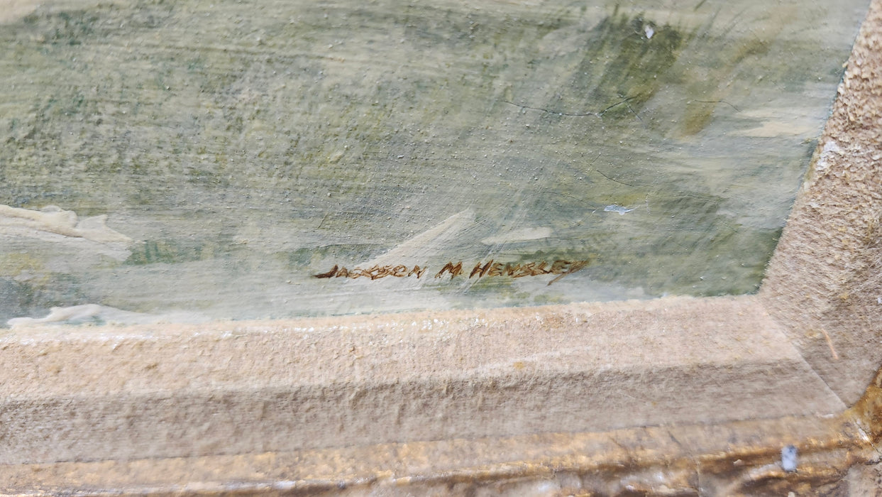 LARGE FRAMED LANDSCAPE OIL PAINTING WITH A STORM SIGNED JACKSON HENSLEY