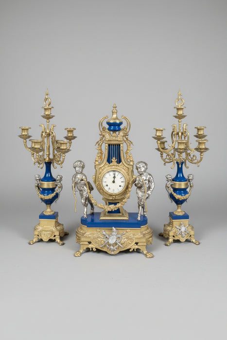 MIDCENTURY HARD PASTE LAPIZ BLUE PORCELAIN 3 PIECE CLOCK SET