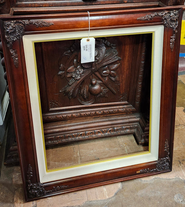 LARGE MAHOGANY FRAME WITH LINEN BORDER AND CORNER DETAIL