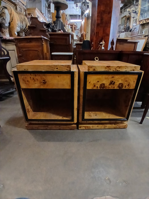 PAIR OF ART DECO BIRDSEYE MAPLE SIDE TABLES WITH DRAWERS AND BLACK TRIM