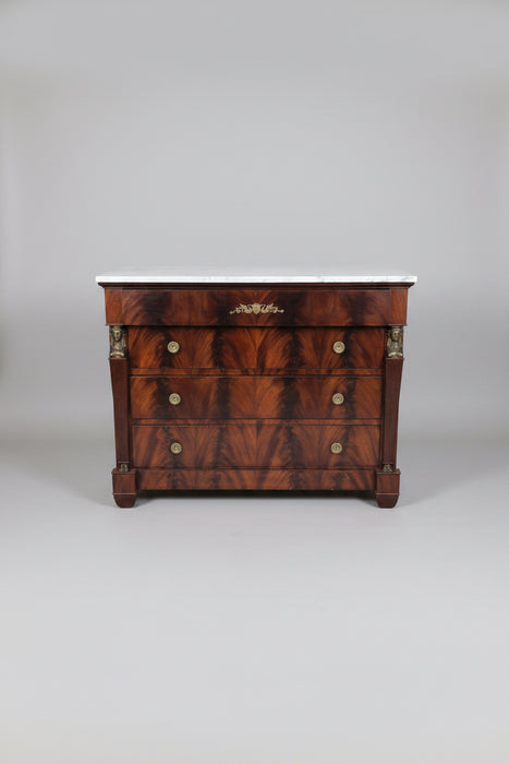 WHITE MARBLE TOP FRENCH EMPIRE MAHOGANY CHEST